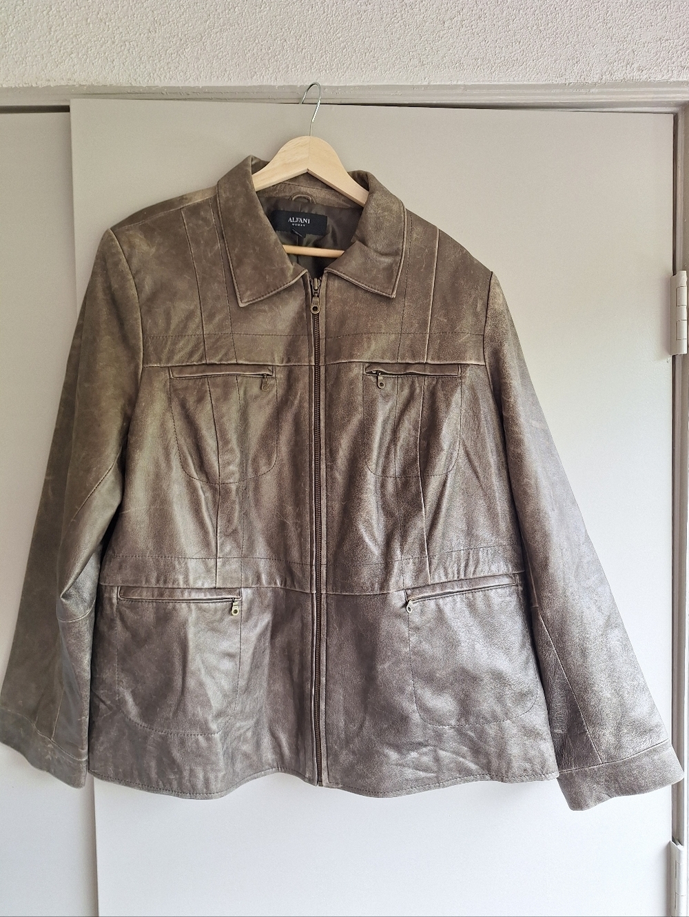 Alfani Woman Genuine Leather Moto Jacket Bronze Brown Distressed Plus Size 2X